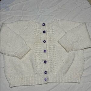 Vintage White and Purple Ribbed Knit Sweater V-Neck